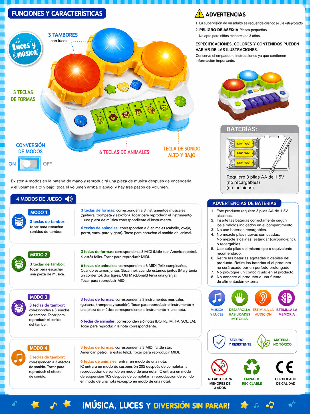 🎹🥁 Teclado Musical Infantil con Luces y Sonidos - Imagen 3